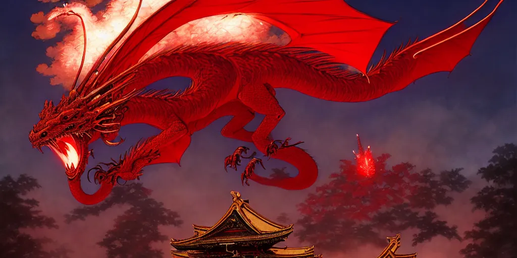 Image similar to Stunning Portrait of A Red dragon flying above a Feudal Japan temple, during a fire works festival at night by Kim Jung Gi, Blizzard Concept Art Studio Ghibli. oil paint. 4k. by brom, Intense fireworks by Ross Tran, Greg Rutkowski, Mark Arian, soft render, octane, highly detailed painting, artstation