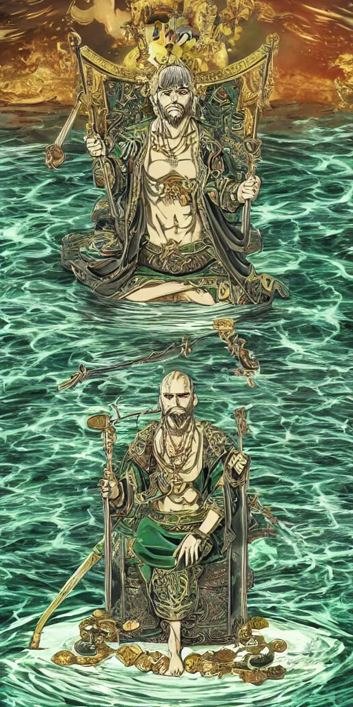 Image similar to a lone emperor sitting on a emerald throne floating on water in the middle of a lake drawn by Makoto Yukimura in the style of Vinland saga anime, full color, detailed, psychedelic, Authority, structure, a father figure, tarot card, The emperor tarot card