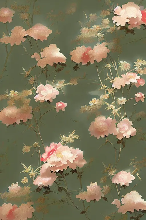 Image similar to Chinoiserie floral wallpaper by Craig Mullins, pixar, double exposure