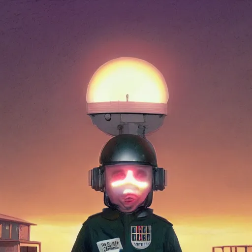 Image similar to unsettling, noble rubbery albino mutant with thin lips, huge eyes and suspicious expression, wearing science fiction police uniform by docks at sunset, by deak ferrand, wayne barlowe, simon stalenhag, and greg rutkowski