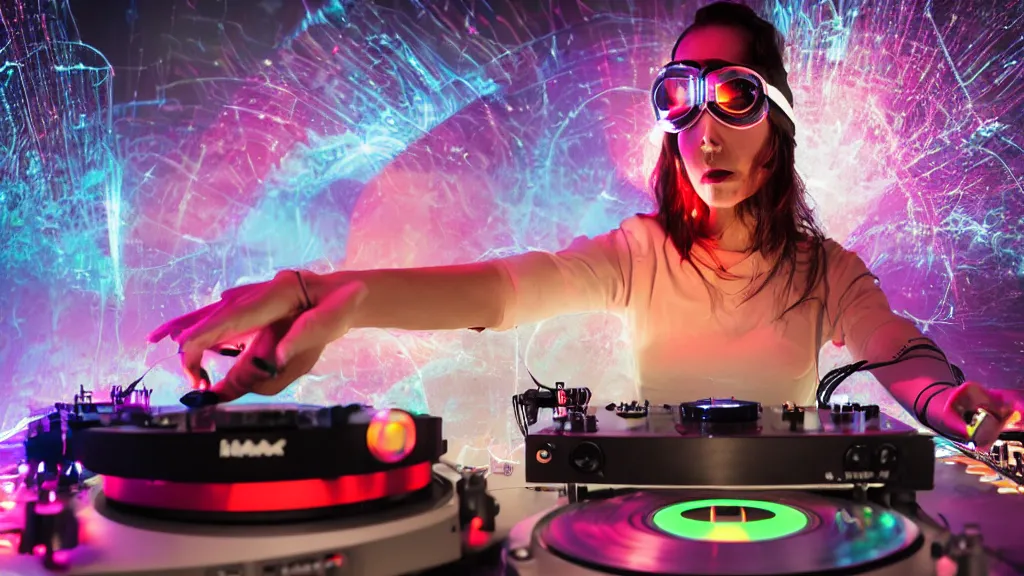 Image similar to a woman wearing goggles and visor and headphones using a record player turntable contraption, wires and tubes everywhere, turntablism dj scratching, intricate planetary gears, cinematic, imax, sharp focus, led light strips, bokeh, iridescent, black light, fog machine, hazy, computer screens, lasers, light trails, hyper color photograph