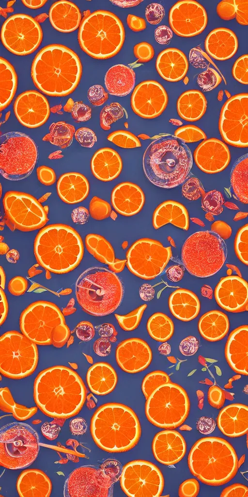 Image similar to a seamless repeating pattern of campari and oranges, colourful, symmetrical, repeating 35mm photography, in the style of toiletpaper magazine, surreal, high detail, photograph by Pierpaolo Ferrari