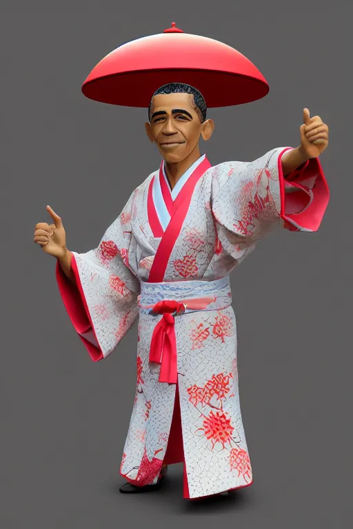 Prompt: full body 3d render of barack obama as an anime figurine wearing a beautiful kimono, shinto shrine, blender, trending on artstation, 8k, highly detailed, bokeh, depth of field