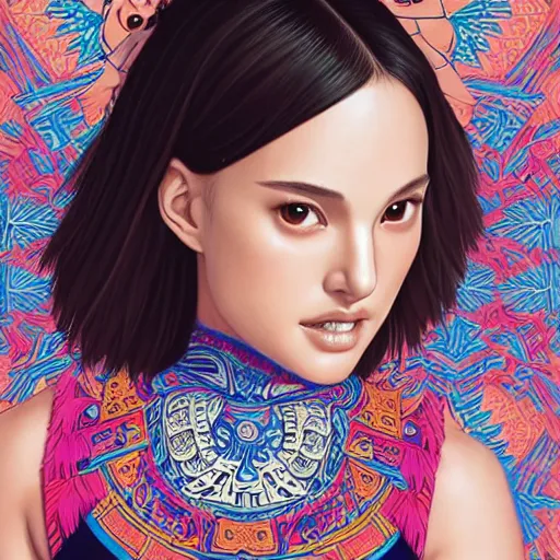 Image similar to a beautiful young japanese natalie portman alluring gravure model, wearing elaborate designer tank top, tank top with mesoamerican patterns, by akira toriyama and wlop and ilya kuvshinov and artgerm and, aesthetic, gorgeous, stunning, alluring, attractive, artstation, deviantart, pinterest, digital art