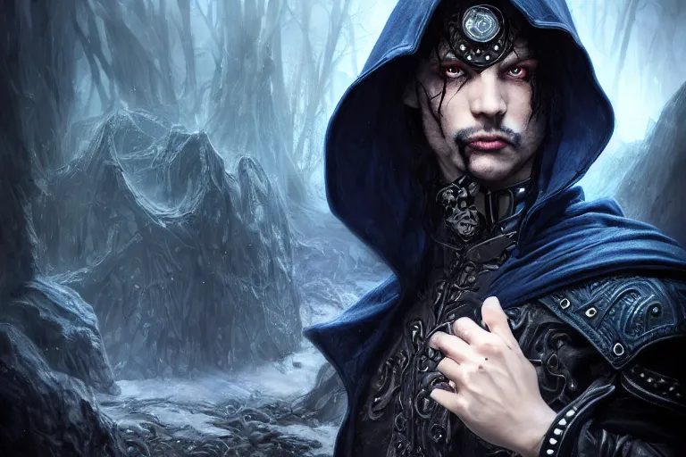 Prompt: ultrarealistic male mage dark blight infected face portrait fighting, long black hair blue eyes wearing leather mantle gothic navy cloak with leather details, cave town, octane render, extreme intricate details, elegant, cinematic lighting, highly detailed, dnd fantasy character art, cgsociety, sharp focus, beautiful digital painting by artgerm, gerald brom, wlop, alphonse mucha