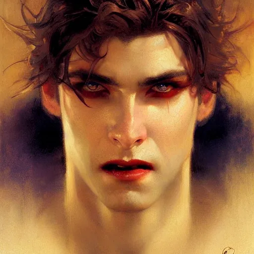 Image similar to attractive twenty first century male vampire beautiful eyes. highly detailed painting by gaston bussiere, craig mullins, j. c. leyendecker 8 k