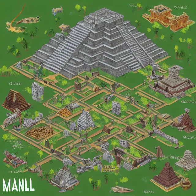 Image similar to an isometric game map of Tikal, Lost World Pyramid, Tikal Temple IV, Maya Temples