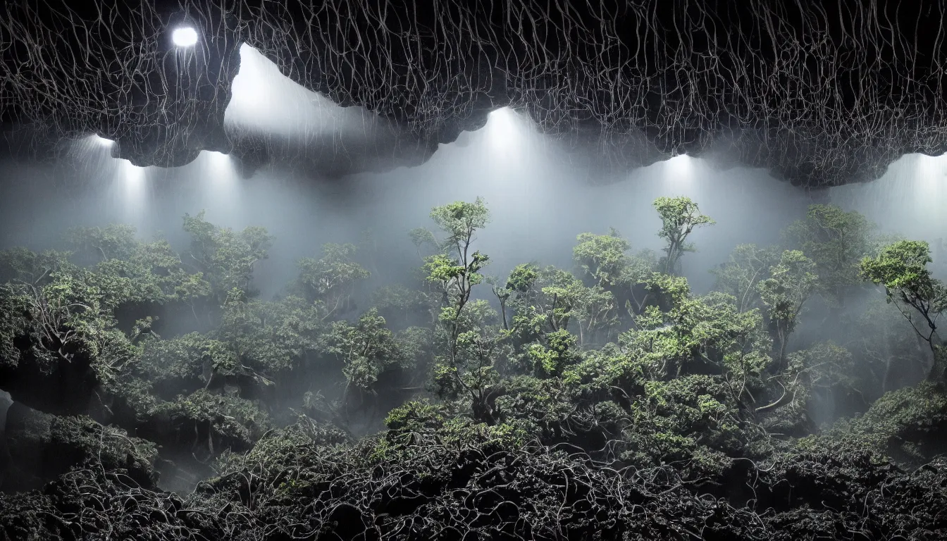 Image similar to inside huge dark wet cave looking out with growing fungal mycelium biodiversity all round , futuristic cities emerge in between the rock formations, deep boiling pools of water reflecting the surfaces around them spraying steam high into the air , dramatic dusk illuminates areas and cast strong shadows, volumetric light through the boiling mist ,detailed entangled fibres carpet the fallen rocks , tree roots puncture and crack rocks , stormy clouds gather in the distance ,emerging hands and an ancient male bearded face , Hundreds of humans , emerging hands and beautiful women’s and men screaming laughing and crying face , full colour , upscale , 4k