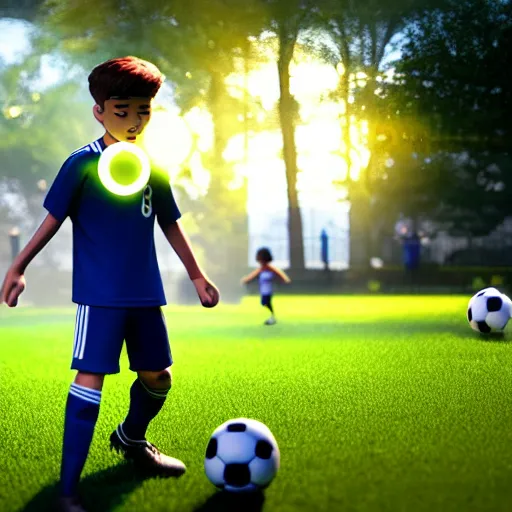 Image similar to a young boy wearing soccer clothes in the park ultra realistic, lens flare, atmosphere, glow, detailed, intricate, full of colour, cinematic lighting, trending on artstation, 4 k, hyperrealistic, focused, extreme details, unreal engine 5, cinematic, masterpiece, ultra realistic, hyper realistic, highly detailed, sharp focus, digital art