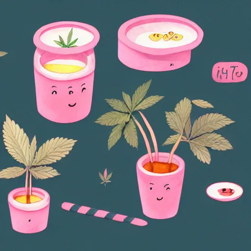 Image similar to isometric cute cartoon illustration bar, decorated with only cute detailed cannabis leaves in two ceramic pots, tables, utopian simple frontage, 2 cute characters, cute poster, beautiful composition pleasing palette by will barnet, watercolor art, hyperrealistic style, inked digital, render fun cartoon