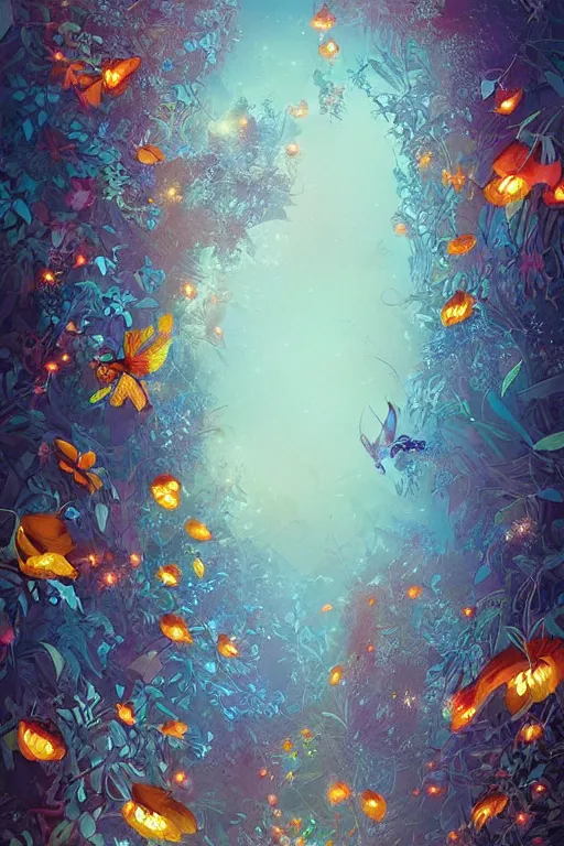 Prompt: beautiful digital matte painting of whimsical botanical illustration blue flowers fireflies enchanted dark background dark contrast by android jones and alena aenami