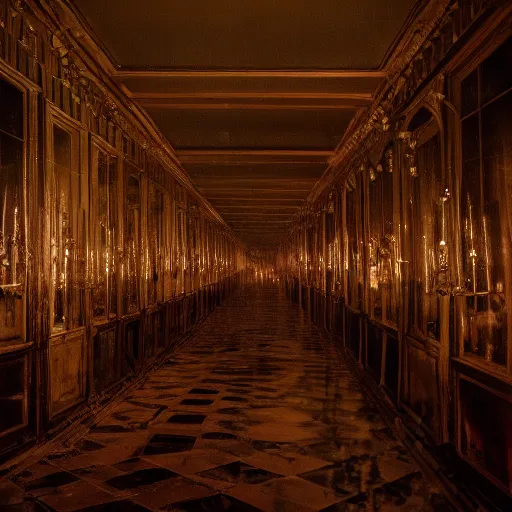 Image similar to hall of mirrors, surreal, horror, atmospheric, evil, nightmare, film grain