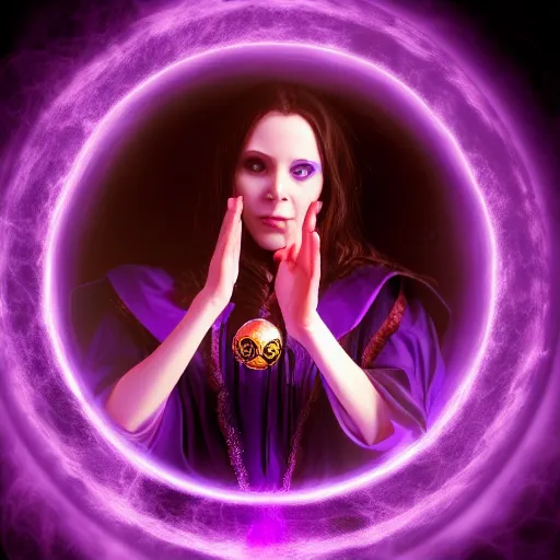 Image similar to a female warlock casting a magic spell, a small floating orb by her side, purpleish aura, d & d, fantasy, magic, hdr, studio lighting, mucha style,