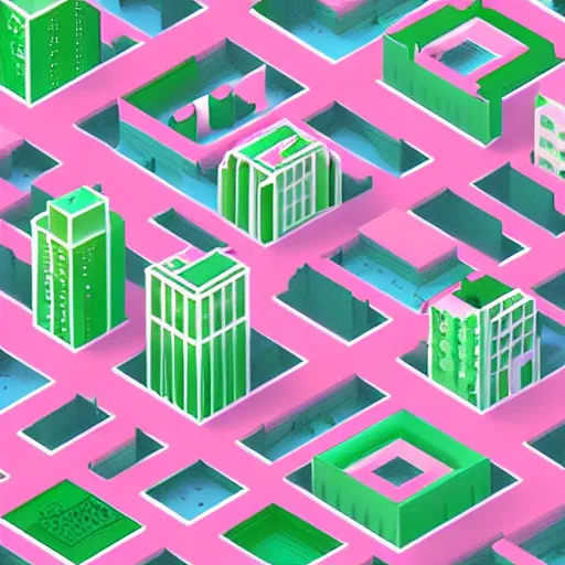 Prompt: isometric illustration of a dense urban city, lots of tall buildings and trees, pastel green and pastel pink colors, fun, soft, extremely detailed, 3d render, playful, sharp lines, toon shader, soft shadows, trending on artstation