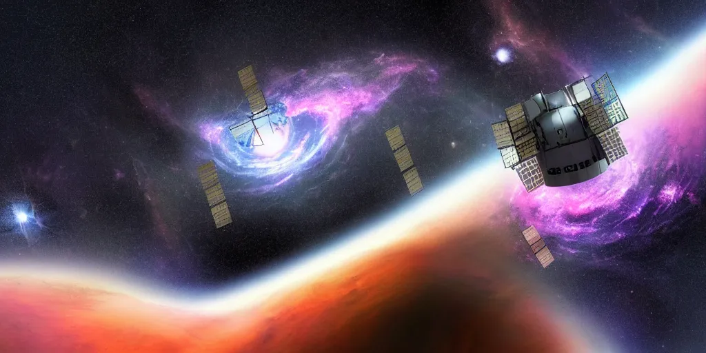 Prompt: a photo of a stunning hi-tech space station trapped in non-euclidean space inside a black hole, space photography, color, extremely detailed, realistic