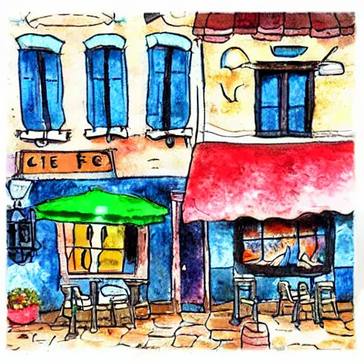 Prompt: beautiful cute cozy very little cafe on a cobblestone street, cute cartoon, watercolor, 4 colors