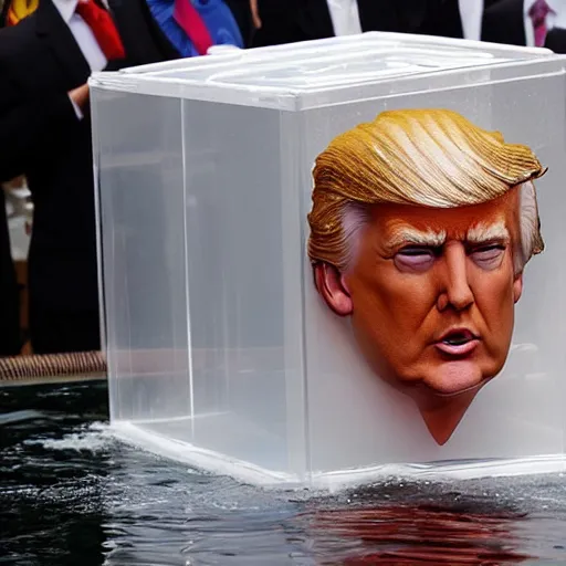 Prompt: donald trump locked in a plastic box drowning.