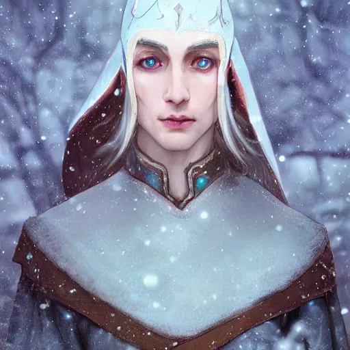 Prompt: handsome pointy - eared male snow elf in a turquoise cape and silver ornate armour, albino skin, androgynous face, mid - shot, moonlight snowing, ethereal opalescent mist, winter vibes, perfect face, elegant, very coherent symmetrical artwork, by greg rutkowski, alphonse mucha, charlie bowater, trending on artstation