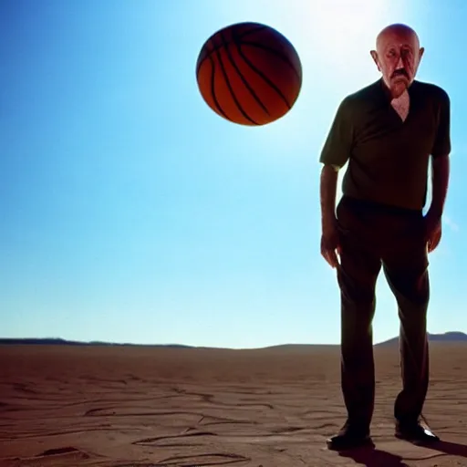 Image similar to mike ehrmantraut from breaking bad playing basketball at a desert, professional photography, cinematic, hd