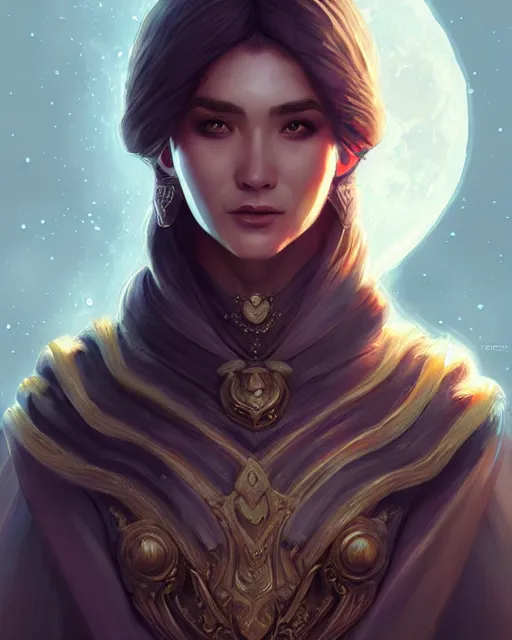 Prompt: portrait of the moon priest, intricate, elegant dress, digital painting, artstation, concept art by artgerm and wlop