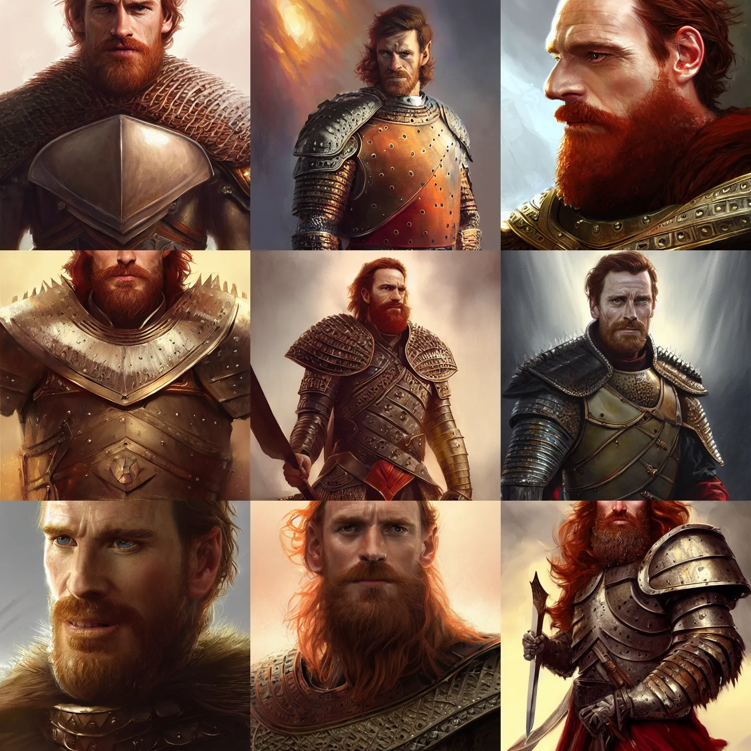 Prompt: king richard the lionheart, michael fassbender, armor, reddish hair, reddish beard, D&D, fantasy, portrait, highly detailed, digital painting, trending on artstation, concept art, sharp focus, illustration, art by artgerm and greg rutkowski and magali villeneuve