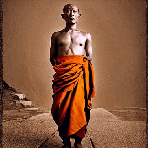 Prompt: platon photograph of a levitating tibetan monk