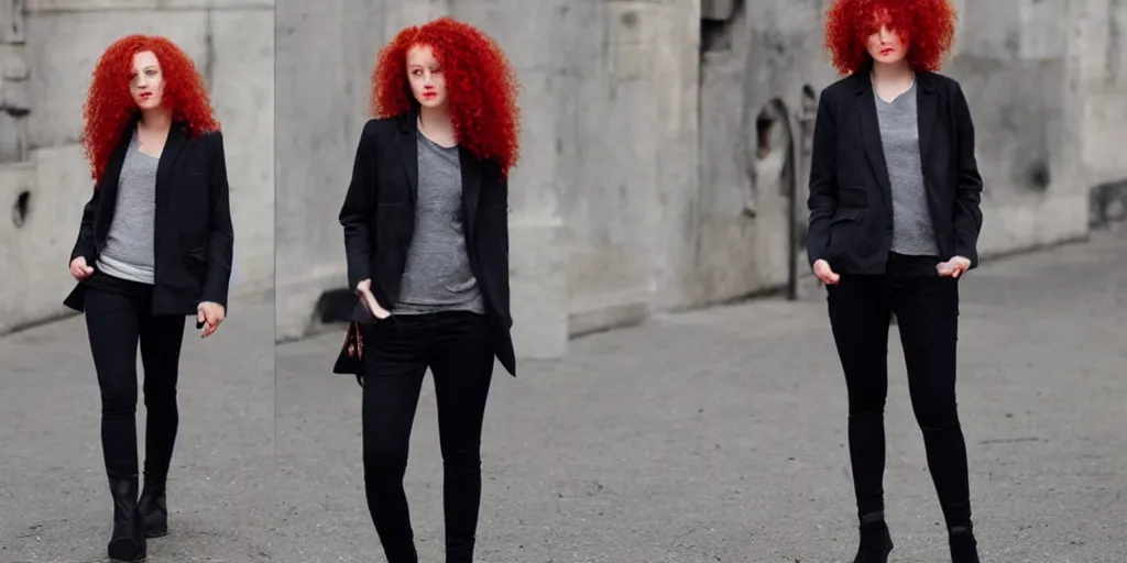 Image similar to man, red hair, black jacket, curly hair, fullbody, Caucasian, short hair,