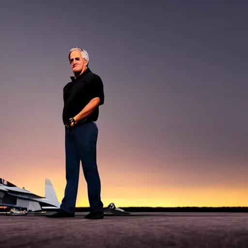 Image similar to aesthetic illustration of jeffrey epstein, wearing a dark blue polo shirt, standing near fighter jet on an empty runway at dusk, cinematic lighting, high detail, volumetric lights, pinterest wallpaper