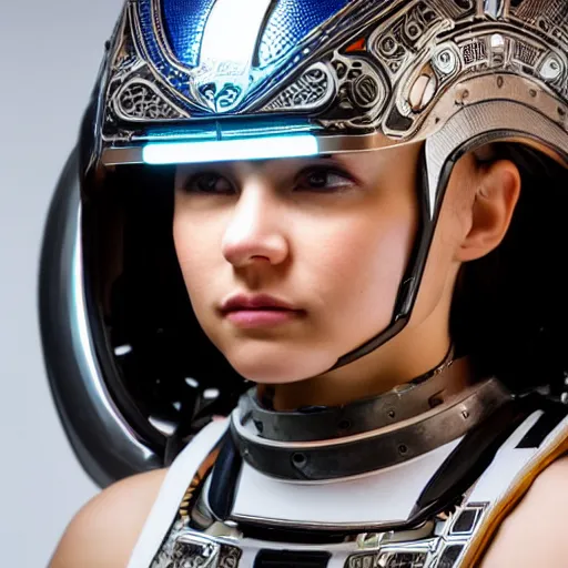 Prompt: centered medium shot fine studio photograph of a young woman wearing only a futuristic mecha Mayan helmet with bright lights, ultra-realistic, white background, 8k HDR, intricate