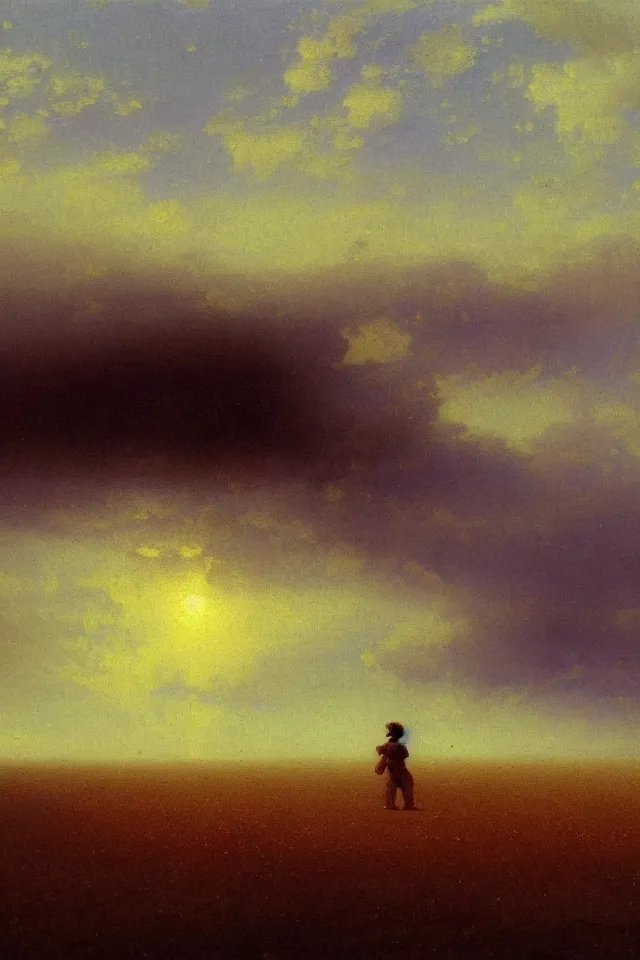 Prompt: the back view of one small robot human on the ground, vast wheat fields, many distant tall buildings far away, by Ivan Aivazovsky, godrays, atmospheric, cinematic, distant world, wide angle, detailed