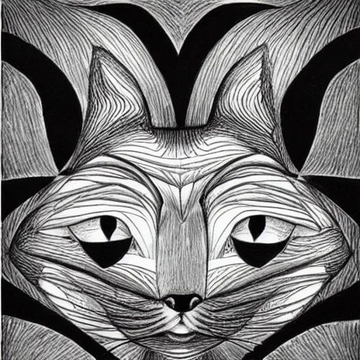 Prompt: drawing realistic stylized cute smiling cats in the style of escher. symmetric. detailed. hd