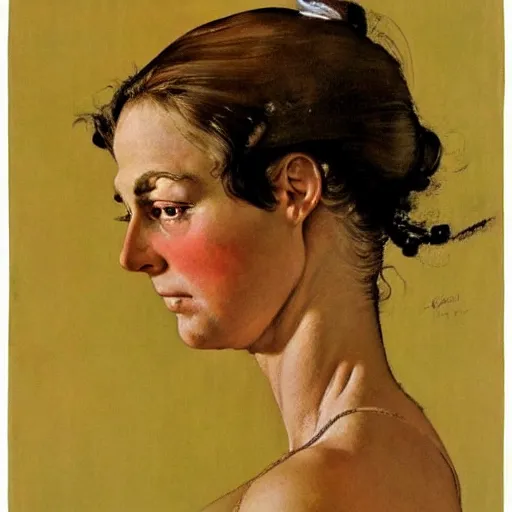 Prompt: A frontal portrait of a delicate, muscular and exhausted woman, by Norman Rockwell and Robert McGinnis.