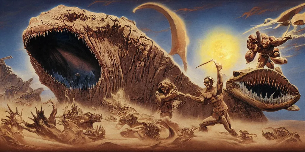 Image similar to enter the jaws of desert truth God Sand menace in the style of Frank Frazetta, Jeff Easley, extremely clear and coherent, intricate and detailed, 8K resolution