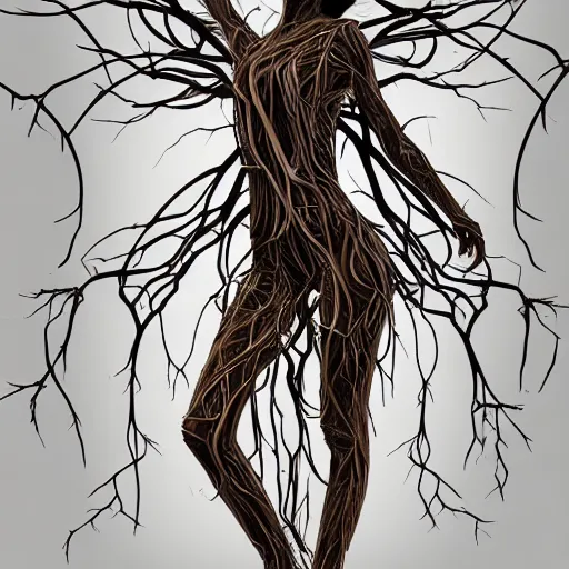 Image similar to digital art, Abstract art, humain female body made of roots, intricate roots, trending on artstation, -640