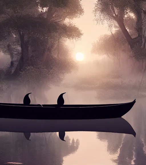 Prompt: three long beak crows in a little boat in a swamp, long legs, volumetric lighting, majestic light, octane render, ethereal glare of the sun, hyperrealistic, epic, masterpiece, by greg rutkowski