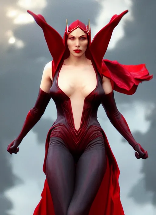 Prompt: Scarlet Witch as Lucifer morningstar, portrait, full body, hyper realistic, trending on artstation, art by wlop and J. C. Leyendecker and Edmund Bliar Leighton and Charlie Bowater, unreal engine render, octane render