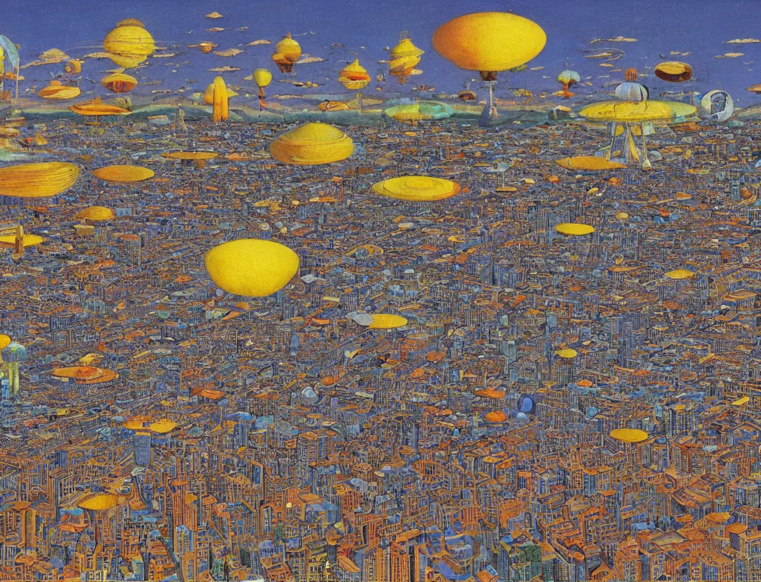 Image similar to ufos flying mysterious banners over the city, by mati klarwein and moebius