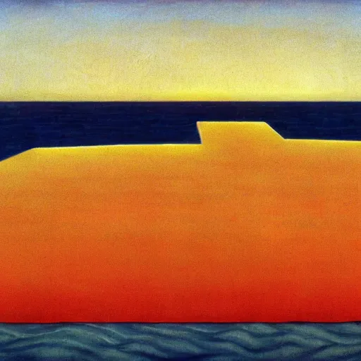 Prompt: an endless ocean with a single ship, a bright red sun, de chirico