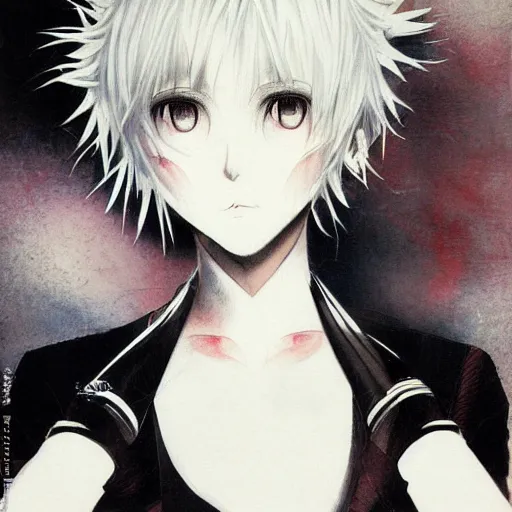 Image similar to Yoshitaka Amano realistic illustration of an anime girl with short white hair and black eyes wearing tuxedo, abstract black and white background, film grain effect, highly detailed, Renaissance oil painting