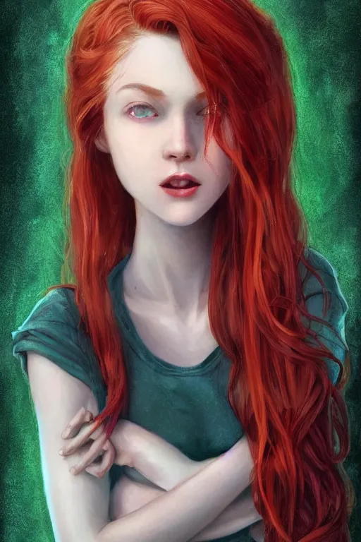 Image similar to beautiful cute red haired joyful and playful nineteen year old maiden standing up in casual green clothing, long hair, attractive face, modern city, rpg character, sci - fi, fantasy, intricate, elegant, digital painting, artstation, concept art, smooth, 8 k frostbite 3 engine, ultra detailed, art by artgerm and greg rutkowski and magali villeneuve