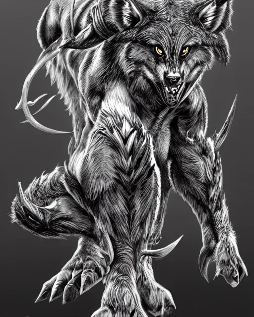 Image similar to A minotaur wolf, full body, black and white, highly detailed, close-up, fantasy art, monster art, in the style of masami kurumada, illustration, epic, fantasy, intricate, hyper detailed, artstation, concept art, smooth, sharp focus, ray tracing