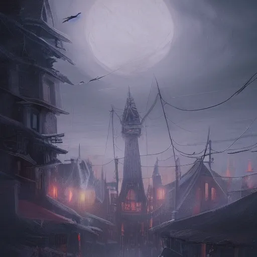 Image similar to this place is truly beautiful and the atmosphere is buzzing the town lights are glowing particularly brightly tonight but I cant stop feeling this ominous presence something is behind us, trending on artstation,