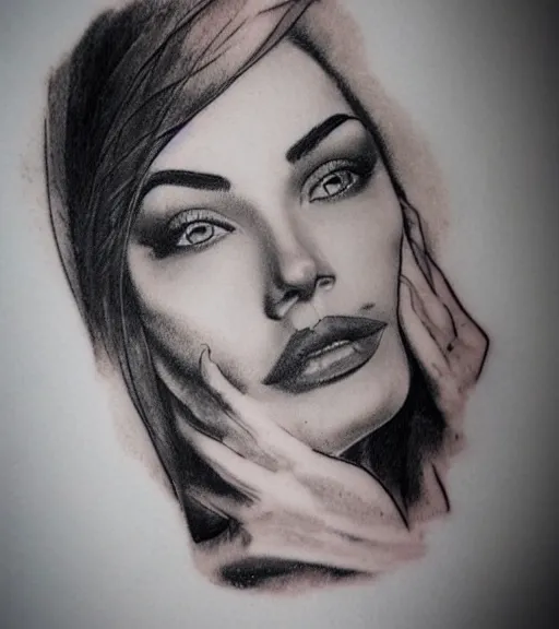 Image similar to tattoo design sketch of an extremely beautiful woman face, faded background of beautiful mountains on her side, hyper - realistic, double exposure effect, in the style of matteo pasqualin, amazing detail, black and white, faded