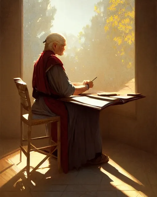 Prompt: old scribe writing a book, pov | | realistic shaded, fine details, realistic shaded lighting poster by greg rutkowski, magali villeneuve, artgerm, jeremy lipkin and michael garmash and rob rey