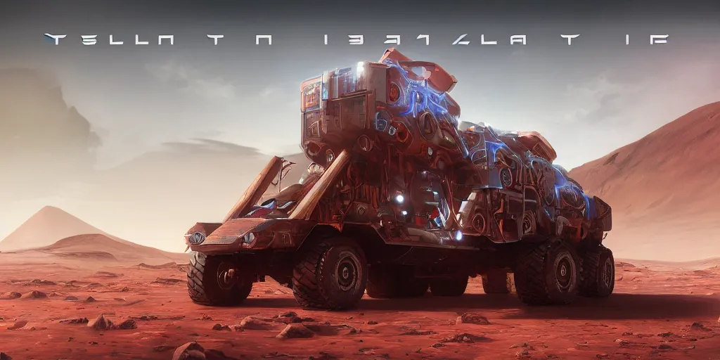 Image similar to tesla cybertruck rolling on mars 3 d concept art, anime, dust around, big planet venus backdrop, cinematic lighting, intricate details, octane rendering, trending on artstation, featured on behance