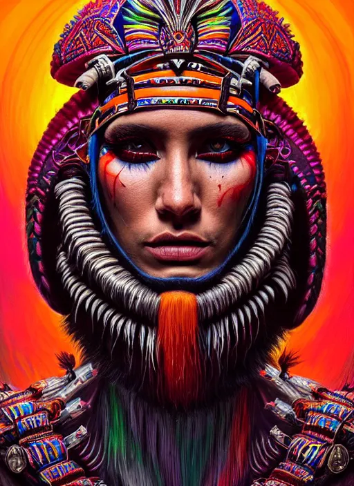 Image similar to portrait of jensen ackle, hyper detailed ultra sharp aztec shaman warrior. trending on artstation, warpaint aesthetic, bloodwave, colorful, psychedelic, ornate, intricate, digital painting, concept art, smooth, sharp focus, illustration, art by artgerm and greg rutkowski and h. r. giger, 8 k