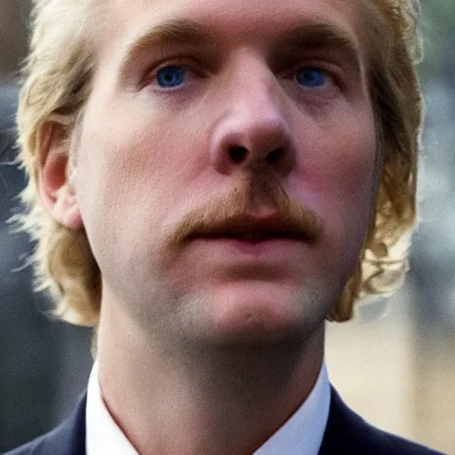 Image similar to face close up portrait photograph of a very tall, elegantly dressed, young, bearded, golden haired, pale white donald trump walking through the city