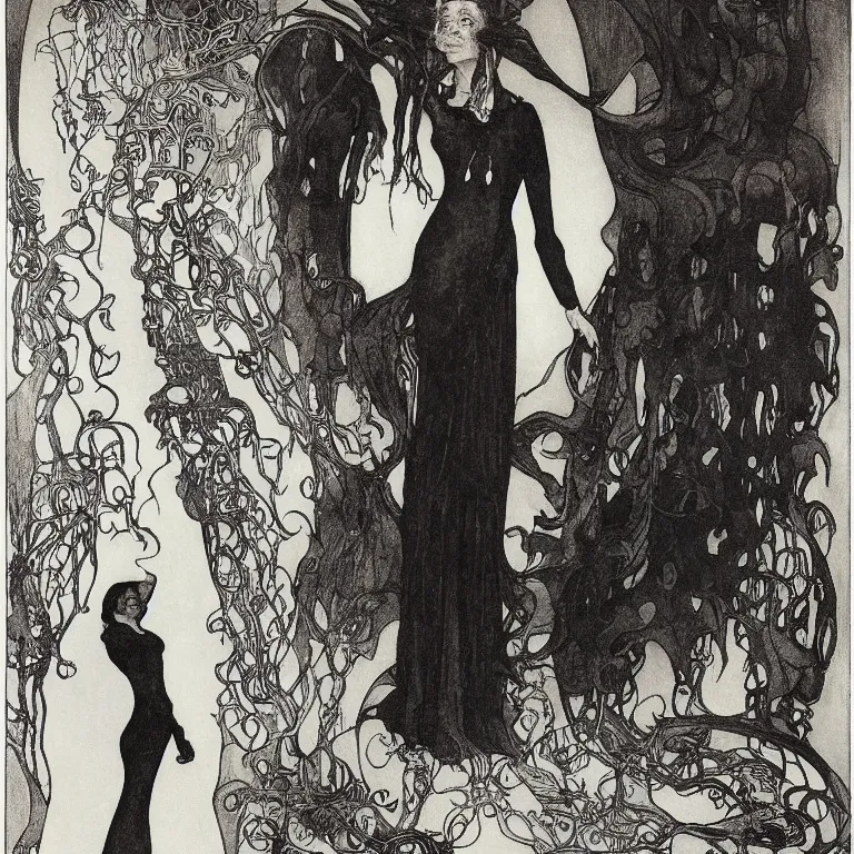 Prompt: A woman stands in a black room with a black dress with a cut-out on the back, Anton Pieck,Jean Delville, Amano,Yves Tanguy, Alphonse Mucha, Ernst Haeckel, Edward Robert Hughes,Stanisław Szukalski and Roger Dean