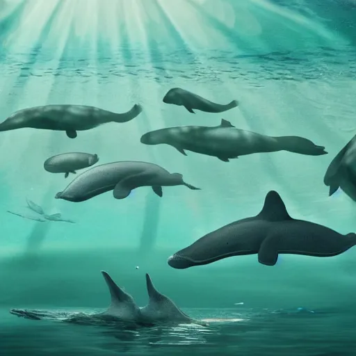 Prompt: a pod of 12 whales underwater, the sun shines through the water, highly detailed, ultra realistic