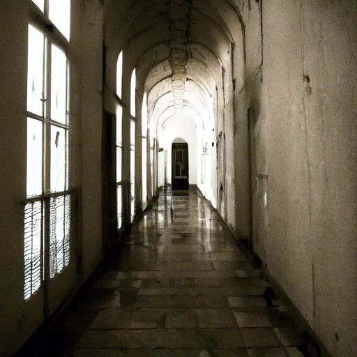Prompt: an endless hallway with shallow water at the bottem of it with a scary figure at the end, liminal highly detailed, backrooms,
